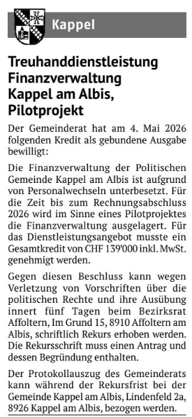 Gemeindeverwaltungen lagern ihre Aufgaben aus – veranlasst von unseren neoliberal durchtränkten Gemeinderäten, Beispiel Kappel